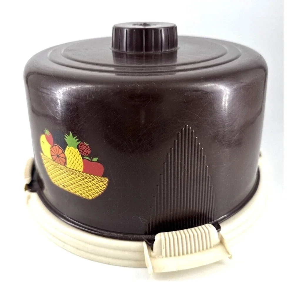 Locking Cake Cover Carrier‎ Lock Lift Brown Plastic w/Fruit Design Retro Vintage